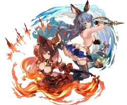 Rule 34 | 10s, 2girls, animal ears, anthuria, arm behind head, artist name, ass, backless outfit, bare back, black gloves, black legwear, boots, breasts, brown dress, brown eyes, brown hair, cleavage, commentary, dress, elbow gloves, erune, ferry (granblue fantasy), frilled dress, frills, from side, gloves, gradient hair, granblue fantasy, hair between eyes, hair ornament, highres, large breasts, long hair, looking at viewer, medium breasts, multicolored hair, multiple girls, orange hair, puffy short sleeves, puffy sleeves, short dress, short sleeves, sideboob, signature, simple background, smile, thighhighs, wavy hair, white background, yoo (tabi no shiori)