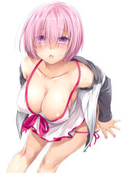 Rule 34 | 1girl, areola slip, bare shoulders, breasts, cleavage, collarbone, dress swimsuit, fate/grand order, fate (series), grey jacket, hair over one eye, jacket, large breasts, light purple hair, long sleeves, looking at viewer, mash kyrielight, mash kyrielight (swimsuit of perpetual summer), nakajima yuka, off shoulder, official alternate costume, one-piece swimsuit, open clothes, open jacket, open mouth, purple eyes, short hair, solo, sweat, swimsuit, thighs, white one-piece swimsuit