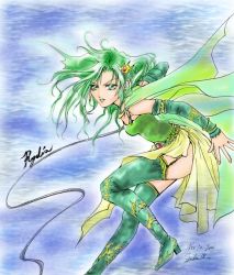 Rule 34 | 1990s (style), 1girl, boots, detached sleeves, final fantasy, final fantasy iv, green eyes, green footwear, green hair, leaning forward, leotard, matching hair/eyes, rydia (ff4), solo, thighhighs, whip