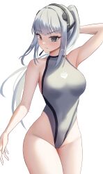 Rule 34 | 1girl, absurdres, arm behind head, black survival, blunt bangs, blush, breasts, closed mouth, commentary, competition swimsuit, eternal return: black survival, grey eyes, grey hair, grey one-piece swimsuit, haze (black survival), headset, highleg, highleg swimsuit, highres, large breasts, long hair, looking at viewer, one-piece swimsuit, ponytail, rinrasetsu, sidelocks, simple background, solo, swimsuit, two-tone swimsuit, white background