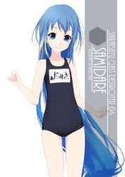 Rule 34 | 1girl, alternate costume, artist name, black one-piece swimsuit, blue eyes, blue hair, blush, character name, collarbone, commentary request, cowboy shot, flat chest, highres, inaba shiki, kantai collection, long hair, looking at viewer, name tag, new school swimsuit, one-hour drawing challenge, one-piece swimsuit, parted bangs, samidare (kancolle), school swimsuit, simple background, smile, solo, standing, swept bangs, swimsuit, very long hair, white background