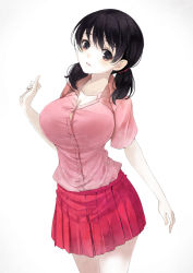 Rule 34 | 1girl, black eyes, black hair, breasts, brown eyes, bursting breasts, cleavage, doraemon, huge breasts, large breasts, looking at viewer, minamoto shizuka, aged up, parted lips, reio reio, short hair, skirt, smile, solo, standing, twintails