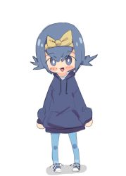 Rule 34 | 1girl, alternate costume, blue eyes, blue footwear, blue hair, blue hoodie, blue leggings, blush, bow, child, creatures (company), eds, female focus, full body, game freak, hair ornament, happy, headband, hood, hoodie, lana (pokemon), leggings, long sleeves, looking at viewer, matching hair/eyes, nintendo, open mouth, pokemon, pokemon sm, shoes, short hair, simple background, smile, solo, standing, white background, yellow bow
