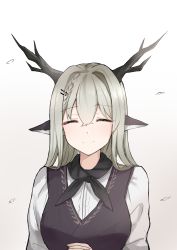 Rule 34 | 1girl, absurdres, alina (arknights), animal ears, antlers, arknights, black dress, black sash, blush, closed eyes, closed mouth, commentary request, deer antlers, deer ears, deer girl, dress, grey hair, hair intakes, hair ornament, hairclip, highres, horns, long hair, looking at viewer, mango (mgo), own hands together, sash, shirt, simple background, smile, solo, upper body, white shirt, white sleeves