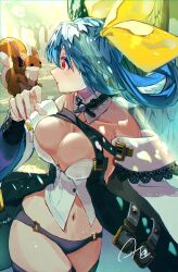 Rule 34 | 1girl, absurdres, angel wings, animal ears, arere r, asymmetrical wings, bare shoulders, belt, black panties, blue hair, breasts, cleavage, cleavage cutout, clothing cutout, collarbone, detached collar, detached sleeves, dizzy (guilty gear), forest, guilty gear, guilty gear xrd, hair between eyes, hair ribbon, hair rings, highres, large breasts, light rays, long hair, looking at another, looking back, mature female, midriff, monster girl, nature, navel, open mouth, panties, red eyes, ribbon, signature, skindentation, solo, squirrel, squirrel ears, squirrel tail, stomach, sunbeam, sunlight, tail, thick thighs, thigh strap, thighs, tree, twintails, underwear, wide sleeves, wings, yellow ribbon