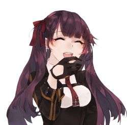 Rule 34 | 1girl, black gloves, blazer, blunt bangs, blush, breasts, closed eyes, framed breasts, girls&#039; frontline, gloves, hair ribbon, half updo, hand up, ik, jacket, laughing, long hair, medium breasts, necktie, one side up, open mouth, purple hair, red necktie, ribbon, simple background, sleeves rolled up, smile, solo, upper body, very long hair, wa2000 (girls&#039; frontline), white background