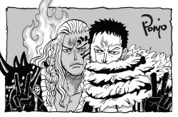 Rule 34 | 2boys, charlotte katakuri, expressionless, fire, king (one piece), long hair, looking at another, mature male, monochrome, multiple boys, muscular, nishiponi, oda eiichirou (style), official style, one piece, pectorals, scar, scar on face, short hair, tattoo, v