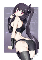 Rule 34 | 1girl, :p, absurdres, architect (girls&#039; frontline), arm warmers, ass, asymmetrical clothes, bare shoulders, black hair, black thighhighs, blush, breasts, clenched hand, cowboy shot, finger to cheek, girls&#039; frontline, hair ornament, head tilt, highres, long hair, looking at viewer, looking back, medium breasts, nail polish, nemoga, pale skin, pink eyes, pink nails, purple eyes, revealing clothes, sangvis ferri, shiny skin, side-tie costume, side ponytail, sidelocks, skindentation, smile, solo, thighhighs, thighs, tongue, tongue out, twisted torso, very long hair