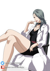 Rule 34 | 1girl, belt, black dress, breasts, chair, cleavage, collar, collarbone, cosplay, crossed legs, dress, excaliblader, feet out of frame, finger to mouth, grey hair, highres, lab coat, lipstick, long hair, looking at viewer, makeup, medium breasts, niijima sae, office chair, patreon username, persona, persona 5, red lips, sitting, solo, studded belt, studded collar, swivel chair, takemi tae, takemi tae (cosplay), thighs, twitter username, white background