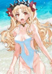 Rule 34 | 1girl, blonde hair, blush, bracelet, breasts, collarbone, commentary request, cowboy shot, crown, ereshkigal (fate), fate/grand order, fate (series), jewelry, kissai, long hair, looking at viewer, medium breasts, ocean, one-piece swimsuit, open mouth, parted bangs, red eyes, solo, swimsuit, tohsaka rin, two side up, wavy hair, white one-piece swimsuit
