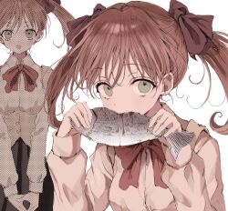 Rule 34 | 1girl, animal, black skirt, brown hair, eating, fish, green eyes, hair ribbon, highres, holding, holding animal, holding fish, looking at viewer, medium hair, multiple views, open mouth, own hands together, pleated skirt, ribbon, sayonara wo oshiete, school uniform, simple background, skirt, smile, tamachi mahiru, twintails, underbust, upper body, vest, white background, yuyuyuyhz