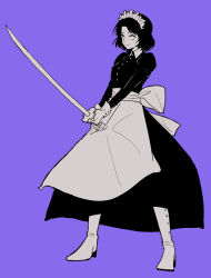 Rule 34 | 1girl, alternate costume, apron, bob cut, boots, chokuboron ryou, closed mouth, collared dress, collared shirt, dress, enmaided, female focus, full body, greyscale with colored background, holding, holding sword, holding weapon, knee boots, kumagai yuuko, legs apart, long sleeves, looking at viewer, maid, maid headdress, monochrome, own hands together, purple background, shirt, short hair, simple background, smile, solo, standing, sword, waist apron, weapon, world trigger