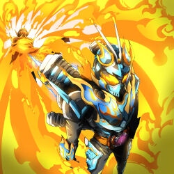 Rule 34 | 2boys, absurdres, antennae, armor, black bodysuit, blue armor, blue fire, bodysuit, cape, dual persona, fiery background, fire, flame print, gloves, glowing, glowing eyes, goggles, goggles on head, gotcha driver, highres, kamen rider, kamen rider fire gotchard, kamen rider gotchard, kamen rider gotchard (series), kamen rider gotchard daybreak, multiple boys, naitsupic, orange armor, orange cape, orange eyes, orange fire, rider belt, scarf, standing, thrusters, tokusatsu