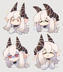Rule 34 | 1girl, :d, arknights, chibi, closed eyes, closed mouth, commentary request, cropped torso, flying sweatdrops, hair between eyes, hands up, highres, hood, hood down, hoodie, horns, jitome, long hair, long sleeves, mooootmt, mudrock (arknights), multiple views, open mouth, outline, own hands together, pointy ears, red eyes, signature, sleeves past wrists, smile, sweat, turn pale, upper body, wavy mouth, white hair, white hoodie, white outline
