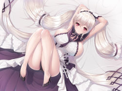 Rule 34 | 1girl, absurdres, alternate costume, armpits, arms behind head, azur lane, bed sheet, black choker, black panties, black sailor collar, bow, breasts, choker, clothes lift, dress, dress bow, enmaided, formidable (azur lane), formidable (timeless classics) (azur lane), frilled dress, frills, gothic lolita, high heels, highres, knees up, koflif, large breasts, lolita fashion, long hair, lying, maid, maid headdress, official alternate costume, on back, open mouth, panties, red eyes, sailor collar, skirt, skirt lift, sleeveless, sleeveless dress, solo, taut clothes, taut dress, twintails, underwear, very long hair, white hair