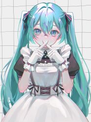 Rule 34 | 1girl, apron, aqua eyes, aqua hair, black ribbon, black shirt, blush, commentary, covering own mouth, dress, dress ribbon, frilled gloves, frills, gloves, grid background, hair between eyes, hair intakes, hair ribbon, hatsune miku, heart, highres, long hair, looking at viewer, maid, maid apron, nne lne, puffy short sleeves, puffy sleeves, ribbon, shirt, short sleeves, solo, twintails, very long hair, vocaloid, white apron, white dress, white gloves, x fingers