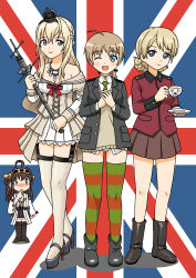 Rule 34 | 10s, 4girls, absurdres, ahoge, ankle boots, blonde hair, blue eyes, blush, boots, braid, breasts, brown hair, cleavage, commentary, crossover, crown, cup, darjeeling (girls und panzer), finger to mouth, french braid, garter straps, girls und panzer, hakama, hakama short skirt, hakama skirt, high heels, highres, holding, hoshino banchou, japanese clothes, jealous, jewelry, kantai collection, kongou (kancolle), long hair, lynette bishop, medium breasts, multiple girls, necklace, one eye closed, open mouth, panties, pleated skirt, saucer, single braid, skirt, small breasts, smile, strike witches, striped clothes, striped legwear, striped thighhighs, teacup, tearing up, thighhighs, trait connection, underwear, uniform, union jack, united kingdom, warspite (kancolle), white legwear, world witches series, zettai ryouiki