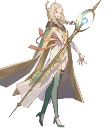 Rule 34 | 1girl, blonde hair, boots, cape, dress, emmeryn (fire emblem), female focus, fire emblem, fire emblem awakening, fire emblem heroes, full body, glowing, green footwear, high heel boots, high heels, highres, holding, holding staff, long dress, long hair, nintendo, official art, parted bangs, solo, sparkle, staff, thigh boots, thighhighs, transparent background