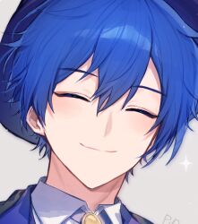 Rule 34 | 1boy, blue hair, blue headwear, closed eyes, closed mouth, collared shirt, commentary, facing viewer, kaito (vocaloid), light blush, male focus, panprika, portrait, project sekai, shirt, short hair, smile, solo, star (symbol)