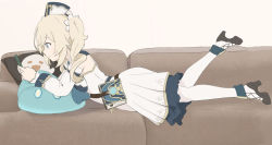 Rule 34 | 1girl, barbara (genshin impact), bare shoulders, black footwear, black headwear, blonde hair, blue eyes, closed mouth, commentary request, couch, detached sleeves, dress, from side, genshin impact, high heels, highres, holding, long hair, long sleeves, nyaru (nyaru 4126), on couch, pantyhose, pillow, pleated dress, profile, shoes, sleeveless, sleeveless dress, slime (genshin impact), smile, solo, twintails, white dress, white pantyhose, white sleeves