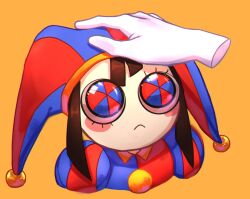 Rule 34 | 1girl, artist request, blue eyes, blush stickers, brown hair, disembodied hand, glitch productions, hat, hat bell, head pat, headpat, jester, jester cap, jester girl, multicolored eyes, pale skin, pomni (the amazing digital circus), red eyes, short hair, simple background, source request, the amazing digital circus, yellow background