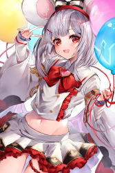 Rule 34 | 1girl, 40 (0f0urw), :d, absurdres, animal ears, balloon, black bow, blunt bangs, blurry, blurry background, bow, bowtie, breasts, brooch, cowboy shot, gold trim, granblue fantasy, groin, hair bow, hair ornament, hairband, hairpin, heart, heart brooch, highres, holding, holding balloon, jewelry, long sleeves, looking at viewer, makeup, medium hair, midriff, miniskirt, mouse ears, navel, open mouth, petticoat, red bow, red bowtie, red eyes, red hairband, shirt, silver hair, simple background, skirt, sleeves past wrists, small breasts, smile, solo, thigh gap, v, vikala (granblue fantasy), white background, white shirt, white skirt, wide sleeves