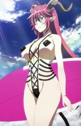 Rule 34 | 1girl, arm at side, asmodeus (the seven deadly sins), breasts, closed mouth, cowboy shot, day, green eyes, holding, holding surfboard, horns, large breasts, long hair, one-piece swimsuit, pasties, red hair, solo, standing, surfboard, swimsuit, tagme, the seven deadly sins