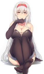 Rule 34 | 10s, 1girl, alternate costume, bad anatomy, bad id, bad twitter id, black thighhighs, breasts, cleavage, elbow gloves, feet, gloves, hairband, highres, kantai collection, large breasts, long hair, no shoes, poorly drawn, shoukaku (kancolle), silver hair, sitting, smile, solo, suisen toire (moko924), thighhighs, white background
