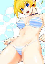 Rule 34 | 1girl, arcana heart, bikini, blonde hair, blue eyes, breasts, examu, fangs, lilica felchenerow, looking at viewer, looking down, navel, pointy ears, short hair, smile, solo, striped bikini, striped clothes, swimsuit, tomatto (@ma!), twintails