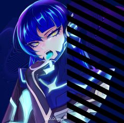 Rule 34 | 0 0c0ff, 1boy, androgynous, bad id, bad twitter id, black bodysuit, blue background, blue bodysuit, blue hair, blue tongue, bodysuit, colored tongue, eyelashes, fangs, glowing, hand up, head tilt, looking at viewer, male focus, protagonist (smtv), shin megami tensei, shin megami tensei v, solo, teeth, tongue, tongue out, twitter username, upper teeth only, yellow eyes