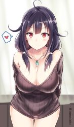 Rule 34 | 10s, 1girl, ahoge, arms behind back, bad id, bad twitter id, bare shoulders, blush, breasts, cleavage, covered erect nipples, eyebrows, hair flaps, heart, indoors, kantai collection, large breasts, long hair, looking at viewer, low twintails, magatama, naked sweater, purple hair, red eyes, ribbed sweater, solo, spoken heart, standing, sweater, taigei (kancolle), takaharu, twintails, twitter username