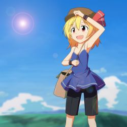 Rule 34 | 1girl, alternate costume, arm up, armpits, bag, bare shoulders, blonde hair, camisole, cato (monocatienus), cloud, collarbone, contemporary, day, female focus, hair ribbon, hat, highres, lens flare, messenger bag, open mouth, red eyes, ribbon, rumia, short hair, shorts, shoulder bag, sky, solo, sun, touhou, wrist cuffs
