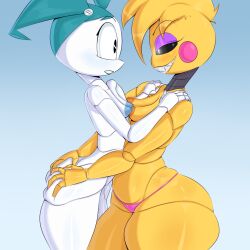 Rule 34 | 2girls, blush, breast press, breasts, breasts squeezed together, chica, colored skin, face-to-face, five nights at freddy&#039;s, grabbing another&#039;s ass, jenny wakeman, multiple girls, my life as a teenage robot, nude, panties, robot, robot girl, small breasts, smile, tayuri, underwear