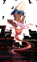 Rule 34 | 1girl, absurdres, blue skirt, blunt bangs, bow, breasts, brown hair, brown jacket, buttons, closed mouth, code, commentary request, doki doki literature club, english text, eyelashes, glitch, green eyes, hair between eyes, hair spread out, hashtag, highres, html, jacket, long hair, looking at viewer, lying, monika (doki doki literature club), on back, ponytail, red ribbon, ribbon, school uniform, shirt, sidelocks, skirt, smile, solo, spoilers, text focus, thighs, upside-down, very long hair, vest, white bow, white ribbon, white shirt, xing muhen