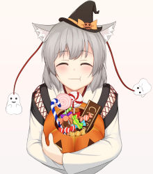 Rule 34 | 1girl, ^ ^, absurdres, animal ears, black hat, blush, bow, candy, candy cane, candy wrapper, chewing, chocolate, chocolate bar, closed eyes, detached sleeves, eating, facing viewer, food, ghost, grey hair, halloween, hat, hat bow, highres, inubashiri momiji, jack-o&#039;-lantern, lollipop, long sleeves, mini hat, mini witch hat, orange bow, ozu (agito100001), pink background, short hair, simple background, smile, solo, swirl lollipop, touhou, upper body, wavy mouth, witch hat, wolf ears