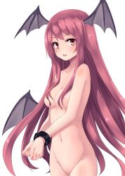 Rule 34 | 1girl, arai togami, blush, breasts, cowboy shot, cuffs, demon wings, fang, head wings, highres, koakuma, long hair, looking at viewer, navel, no pussy, open mouth, red eyes, red hair, sidelocks, simple background, solo, touhou, very long hair, white background, wings