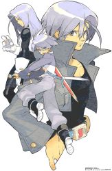 Rule 34 | 3boys, :o, arm at side, armor, belt, black shirt, boots, copyright name, denim, denim jacket, dragon ball, dragonball z, expressionless, eyes visible through hair, full body, gloves, grey hair, grey pants, hair over one eye, holding, holding sword, holding weapon, jacket, light smile, long hair, long sleeves, looking at viewer, looking away, male focus, multiple boys, multiple persona, open mouth, pants, profile, sasaki tomomi, shirt, simple background, sword, trunks (dragon ball), trunks (future) (dragon ball), v-shaped eyebrows, watermark, weapon, white background, white gloves