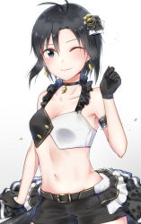 Rule 34 | 1girl, ;), antenna hair, arm strap, belt, black eyes, black gloves, black hair, black shorts, breasts, choker, cleavage, collar, earrings, feather earrings, feathers, gloves, groin, hair between eyes, hair ornament, highres, idolmaster, idolmaster (classic), jewelry, kikuchi makoto, looking at viewer, midriff, mogskg, navel, one eye closed, overskirt, short hair, short shorts, shorts, simple background, small breasts, smile, solo, standing, stomach, white background, yellow feathers