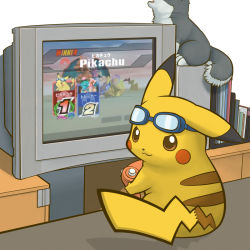 Rule 34 | brown eyes, cat, charizard, creatures (company), dog, game, game console, game freak, gamecube, gen 1 pokemon, goggles, looking at viewer, nintendo, no humans, pikachu, playing games, pokemon, pokemon (creature), squirtle, super smash bros., tail, television, tsuji, video game, x (manga)