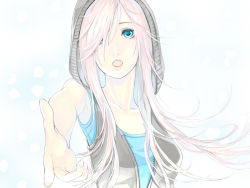 Rule 34 | 1girl, blue eyes, female focus, gradient background, hair over one eye, hood, hoodie, long hair, megurine luka, open mouth, physalis, pink hair, simple background, solo, vocaloid