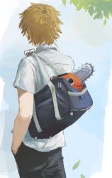 Rule 34 | 2boys, :3, bag, black pants, blonde hair, cellphone, chainsaw, chainsaw man, collared shirt, denji (chainsaw man), dog, facing away, hand in pocket, highres, holding, holding phone, leaf, multiple boys, pants, phone, pochita (chainsaw man), pt sasa12, shirt, short hair, short sleeves, shoulder bag, smartphone, white shirt