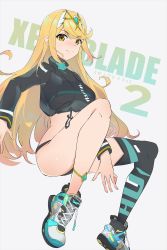 Rule 34 | 1girl, absurdres, blonde hair, breasts, highres, kiiro kimi, large breasts, long hair, mythra (xenoblade), shoes, solo, sportswear, swept bangs, tiara, very long hair, xenoblade chronicles (series), xenoblade chronicles 2, yellow eyes