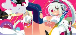 Rule 34 | 1girl, ahoge, album cover, arrow (symbol), asymmetrical legwear, boots, breasts, commentary request, cover, dark-skinned female, dark skin, detached sleeves, eyepatch, fangs, front-tie top, gloves, green eyes, grey hair, grin, hair tie, headphones, heart, heart-shaped pupils, hybrid monster, jewelry, large breasts, long hair, mismatched legwear, mzh, necklace, original, smile, smoke, solo, symbol-shaped pupils, test tube, thighhighs, torn clothes, torn thighhighs, twintails, vial, white gloves
