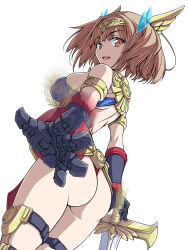 Rule 34 | ass, atlanger, backless leotard, blue leotard, blurry, bob cut, breasts, brown eyes, brown hair, commentary, cowboy shot, from behind, gattai robo atlanger, gauntlets, gloves, grey gloves, highres, holding, holding sword, holding weapon, humanization, kikuchi tsutomu, leotard, looking at viewer, looking back, medium breasts, open mouth, simple background, skindentation, smile, sword, thigh strap, thong leotard, tiara, weapon, white background