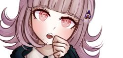 Rule 34 | 1girl, :o, blunt bangs, brown eyes, close-up, commentary, danganronpa (series), danganronpa 2: goodbye despair, english commentary, flipped hair, hair ornament, hand to own mouth, hand up, ktokei (kurokku-tokei), long sleeves, looking at viewer, nanami chiaki, open mouth, pink hair, portrait, shirt, simple background, solo, spaceship hair ornament, teeth, upper teeth only, white background