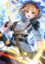 Rule 34 | 1girl, absurdres, alchemy stars, armor, arrow (projectile), blonde hair, bow (weapon), cika k, fingerless gloves, gloves, highres, holding, holding arrow, holding bow (weapon), holding weapon, long sleeves, looking at viewer, open mouth, pauldrons, short hair, shoulder armor, solo, vice (alchemy stars), weapon, yellow eyes