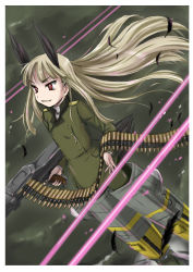 Rule 34 | 1girl, animal ears, blonde hair, feathers, flying, grete m. gollob, grin, gun, head wings, highres, holding, holding weapon, long hair, long sleeves, machine gun, mg42, military, military uniform, pantyhose, red eyes, smile, solo, strike witches, striker unit, uniform, wan&#039;yan aguda, weapon, weapon request, wings, world witches series