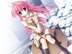 Rule 34 | 00s, 1girl, blue eyes, boots, dutch angle, fukamine riko, game cg, gift (game), long hair, mitha, non-web source, pink hair, snow, solo, suitcase, winter clothes