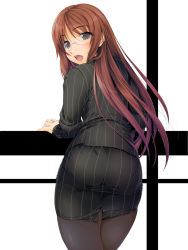 Rule 34 | 1girl, ass, blush, brown hair, formal, glasses, highres, ishii akira, jacket, long hair, looking back, office lady, open mouth, original, pantyhose, pantylines, pencil skirt, pinstripe pattern, skirt, skirt suit, solo, suit, tight clothes
