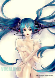 Rule 34 | aqua eyes, aqua hair, bad id, bad pixiv id, breast hold, breasts, covering privates, covering breasts, hatsune miku, highres, lijunyou, long hair, nude, nude cover, solo, twintails, very long hair, vocaloid